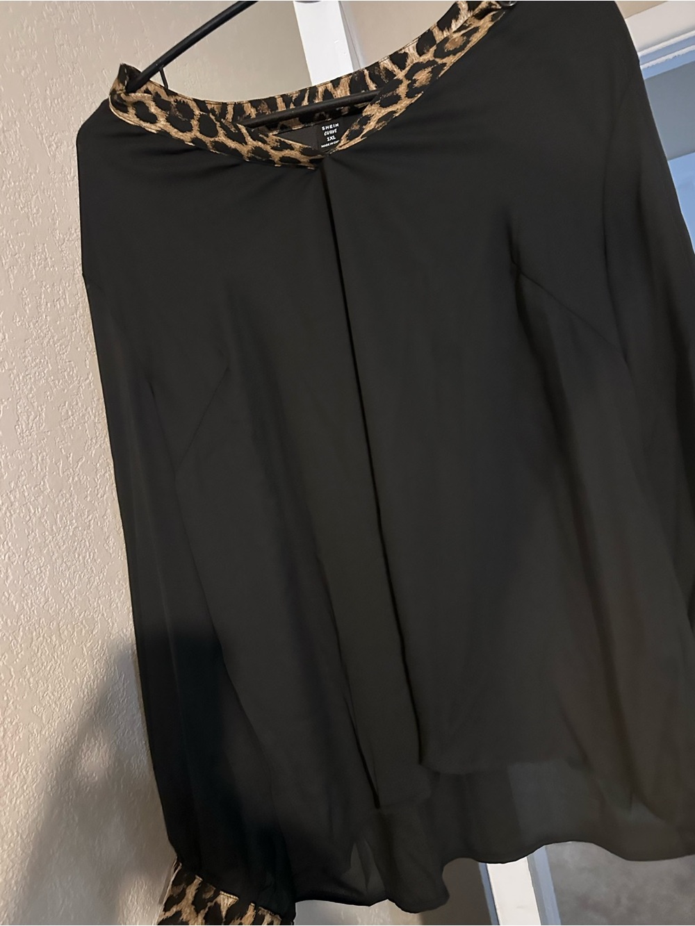 SHEIN Black Blouse with Leopard Trim